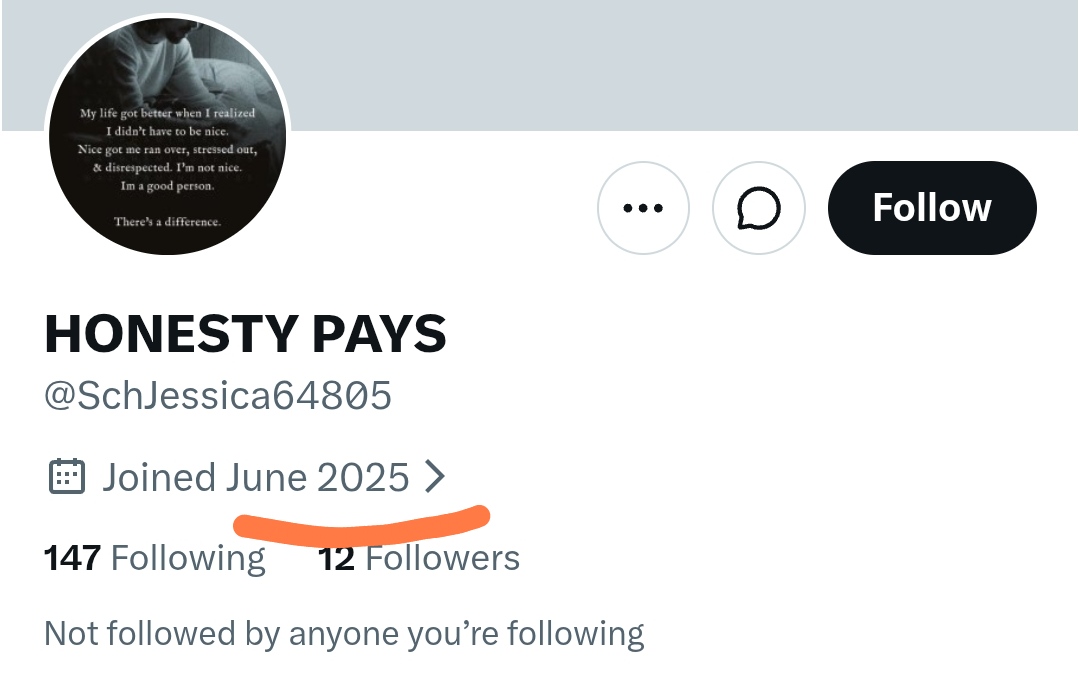 anonx9123's tweet photo. @SchJessica64805 Oh, and above all, have a credible account. 
Don't look at mine. 
It's old and I actually talk like a human on here instead of spamming old repetitve talking points. https://t.co/E3wMUKtfZN