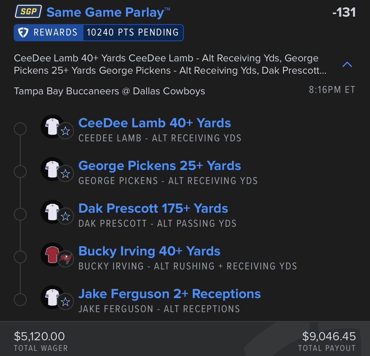 BackedByStatsHQ's tweet photo. 🪜DAY 10 - $10 to $10,000 LADDER CHALLEGE 🪜

FINAL DAY no matter what for the Ladder Challenge, and it comes down to the Cowboys versus Buccaneers. We have 5 props that we expect to hit with ease!

CeeDee Lamb has had 40+ Receiving yards in his last 16 of 18 games, and has done so in all 4 games this year so far. He only missed this last year when he got hurt in the first quarter against the Bears, and then he missed when the Cowboys pulled their primary starters at half in their final game of the season last year against the Giants. He is the clear WR1 for Dak as we saw last week, and we expect him to clear this pretty easily.

George Pickens has had 25+ Receiving yards in his last 20 of 21 games, and has done so in all 4 games this year thus far. The only game he missed this, was the same situation as CeeDee in the game last year where the Cowboys pulled their primary starters in a final game that simply didn't matter against the Giants. Even though he's the WR2, he is always a threat to any defense, especially on the long ball. We expect a bit more targets this week too in comparison to last week, and expect him to clear this line with ease.

Dak Prescott has cleared 175+ Passing yards in his last 20 of 21 games, and has done so in all 4 games this year, too. The only game he missed, again, is when the Cowboys took him out after the first half in their last game against the Giants last year. Dak is a passing machine, as he has some of the best offensive receivers in the league at his disposal, so we expect him to hit this line easily. 

Bucky Irving has had 40+ Rushing & Receiving yards in his last 13 of 14 games, and has done so in all 4 games this year so far. With a backup rookie QB at the helm for the Bucs, we expect Bucky to get a decent amount of rush volume, and more short receptions. We didn't see the short pass to Bucky much last game with Jalon Daniels as the QB, and we expect that to change with the opposing Cowboys defense.

Jake Ferguson has had 2+ Receptions in his last 18 of 21 games, and has done so in all 4 games this year so far. One of those games he missed follows the same principle as the rest of the Cowboy misses, where he only played the first half before getting taken out in the final game against the Giants. Our model has the Bucs Pass defense versus TEs ranked 25th, and expect Ferguson to clear this with ease.

As always, a whole lotta yappin', but let's CLIMB🙌🧗‍♂️