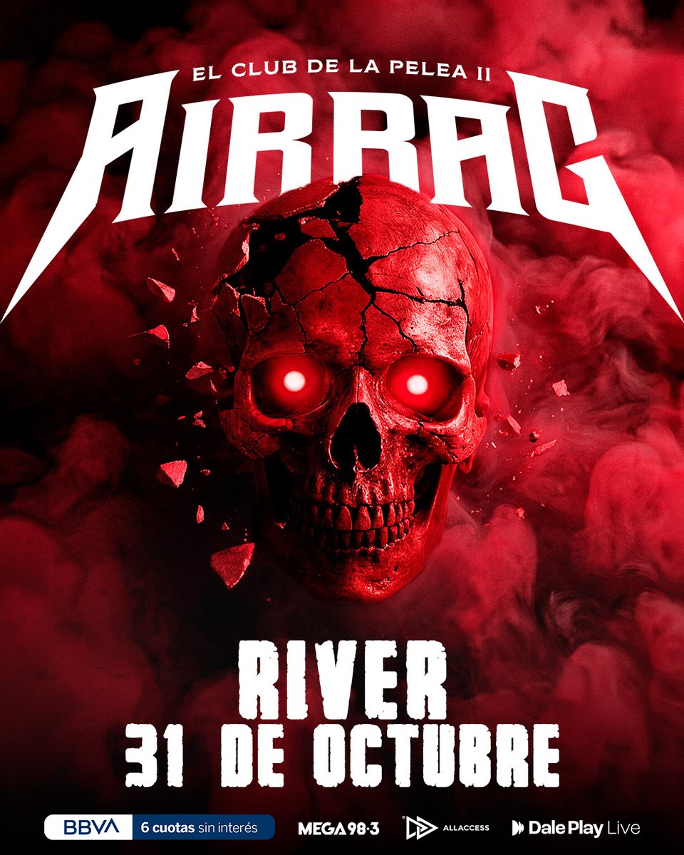 RecitArg's tweet photo. Airbag vuelve a River!

Los hermanos Sardelli acaban de anunciar su sexto River, el único show en Buenos Aires en lo que resta del año. Además, estrenaron "Epifanía", un nuevo adelanto de El Club de la Pelea 2, su próximo disco.

📅 31 de Octubre
🏟️ Estadio River Plate
🎟️ Entradas a la venta en https://t.co/K9GpUlGwZT

💳 Preventa BBVA: 13 de octubre, a las 12h.
👉🏻 Venta General: 14 de octubre, a las 12h.