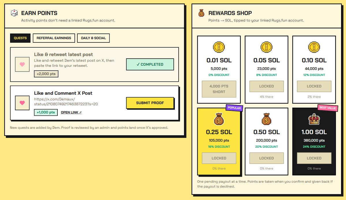 Demaux's tweet photo. WHO WANTS SOME FREE $SOL ? 💸

Complete quests, earn points from your @rugsfun wager, and redeem them for SOL tipped straight to your Rugs account.

Start here: https://t.co/aIACo6ogwZ

Like and drop $SOL addy - blessing someone. https://t.co/pnhoYQOT6Q