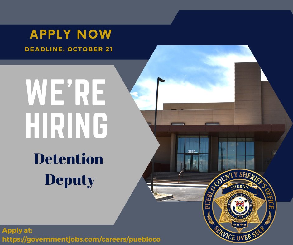 PuebloCountySO's tweet photo. Looking for a career of service?
We may have just the perfect job for you. We are now hiring detention deputies. Don't wait; the application deadline is Oct. 21. For more information, go to https://t.co/86rDTBVzoD https://t.co/cszqr4vifv