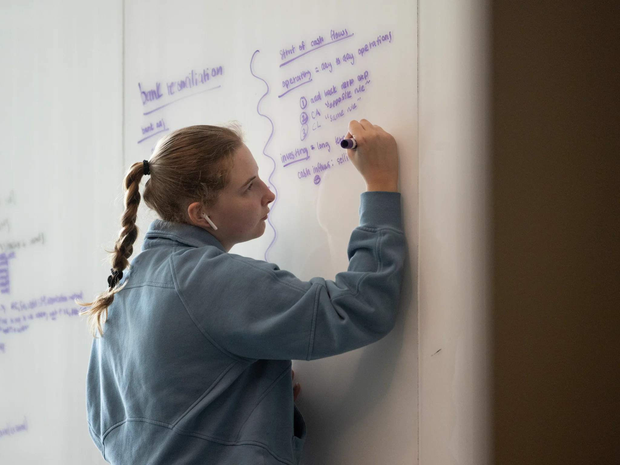 A Tulane student with braided hair is writing on a whiteboard filled with notes.