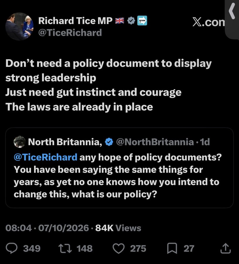 dave43law's tweet photo. And there in a nutshell is Reform

No idea, no policy, no costings, no funding
Reactively wing it

And they think they are fit to run the country.......... https://t.co/1U9QCOCenV