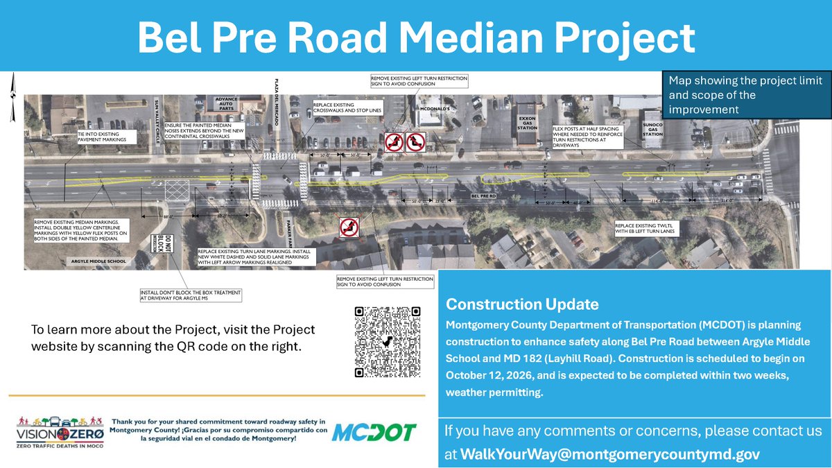 MCDOTNow's tweet photo. Questions about upcoming Bel Pre Road construction? Stop by our community pop-up!

Friday, October 9 | 8:30–10 AM
Layhill Shopping Center / Plaza Del Mercado

Learn about safety upgrades beginning Oct. 12: https://t.co/7LxImAFx44 https://t.co/RVH9Gg5pyL