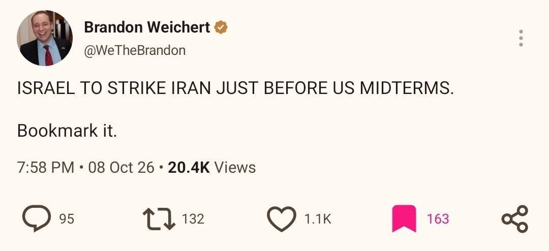 M__niknejad's tweet photo. #مهم #فوری 🚨🚨🚨
تحلیلگر امنیت ملی #آمریکا : 

#اسرائیل درست قبل از انتخابات میان‌دوره‌ای آمریکا به ایران #حمله خواهد کرد
این را به یاد بسپارید.

#ابهام_هسته_ای_پلاس https://t.co/CiNagWYclq