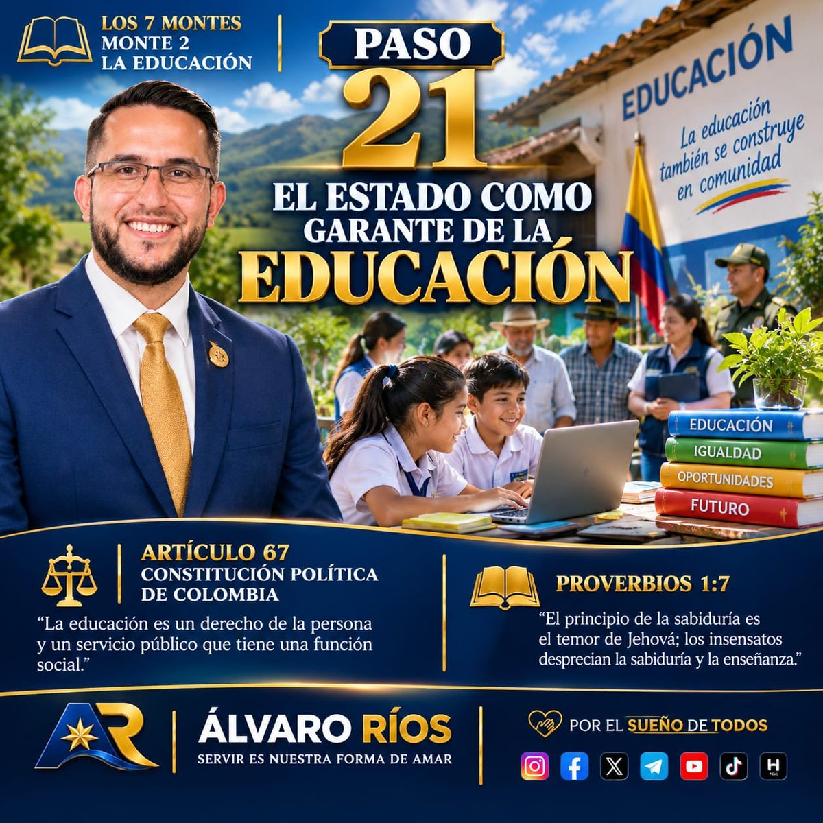 AlvaroRios_X's tweet photo. PASO 21. EL ESTADO COMO GARANTE DE LA EDUCACIÓN

El Estado debe garantizar la   educación a quienes viven lejos de los centros urbanos.

Artículo 67: la educación es un derecho.

Enséñame el camino de la sabiduría; y andaré por sendas derechas. Proverbios 4:11
@Mineducacion https://t.co/nvY7OW9F0U