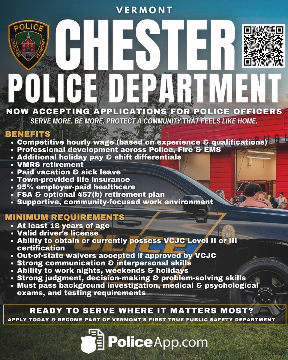 PoliceApp_Com's tweet photo. The Chester Police Department, VT is seeking dedicated candidates ready to serve a close-knit Vermont community from its newly built Public Safety Building!
✅ Entry-Level and Certified Candidates
✅ Competitive Pay Based on Experience
✅ 95% Employer-Paid Healthcare
✅ Retirement, Paid Leave & Shift Differentials
✅ Training Opportunities in Fire and EMS
Join Vermont’s first “True Public Safety” department and build a career that goes beyond the badge.
📍 Chester, Vermont
🔗 Learn more and apply today through PoliceApp