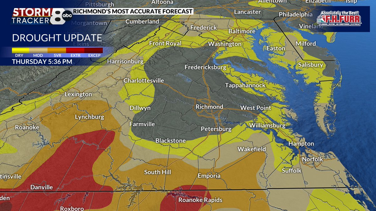 MattDiNardo's tweet photo. The new drought update shows good conditions for most of Central Virginia. The issue is southern Virginia where we still have a severe drought.
https://t.co/rAP38PDvFX #8News #RVA #VAWX https://t.co/1EtExyCqQ7