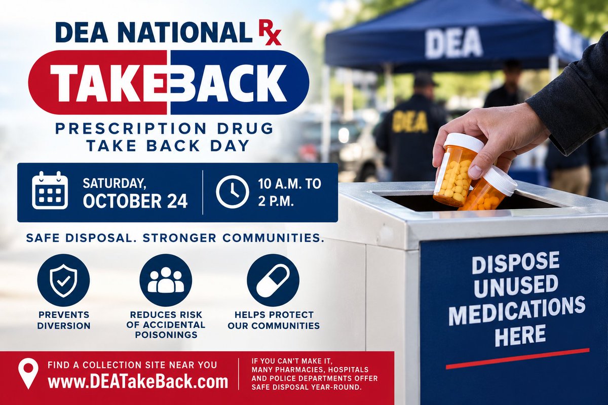policeofficer's tweet photo. A forgotten prescription bottle can become a preventable tragedy.

On October 24, the DEA's National Take Back Day offers a safe way to dispose of unused medications.
Find out how to participate. Read the full story: https://t.co/LfMbHQfnxL
#TakeBackDay https://t.co/iVsQL6p67Z