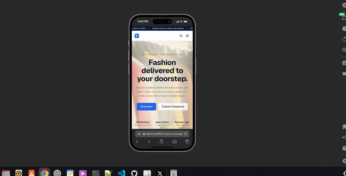 PIorwua12080's tweet photo. Day 26 of #30DaysOfCode. Today I built SKYClothe not just to create a clothing delivery platform, but to challenge myself to understand how a full-stack application works in a real deployment environment.
Live: https://t.co/6IhTjPJt6i https://t.co/YigRsdZioH