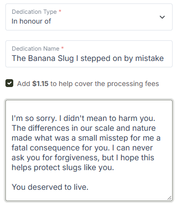 ItsTheTalia's tweet photo. I'm donating $28.08 CAD to the Habitat Acquisition Trust because I accidentally stepped on a Banana Slug while on a walk the other day and feel really bad about it... https://t.co/uUIxeKjUKf