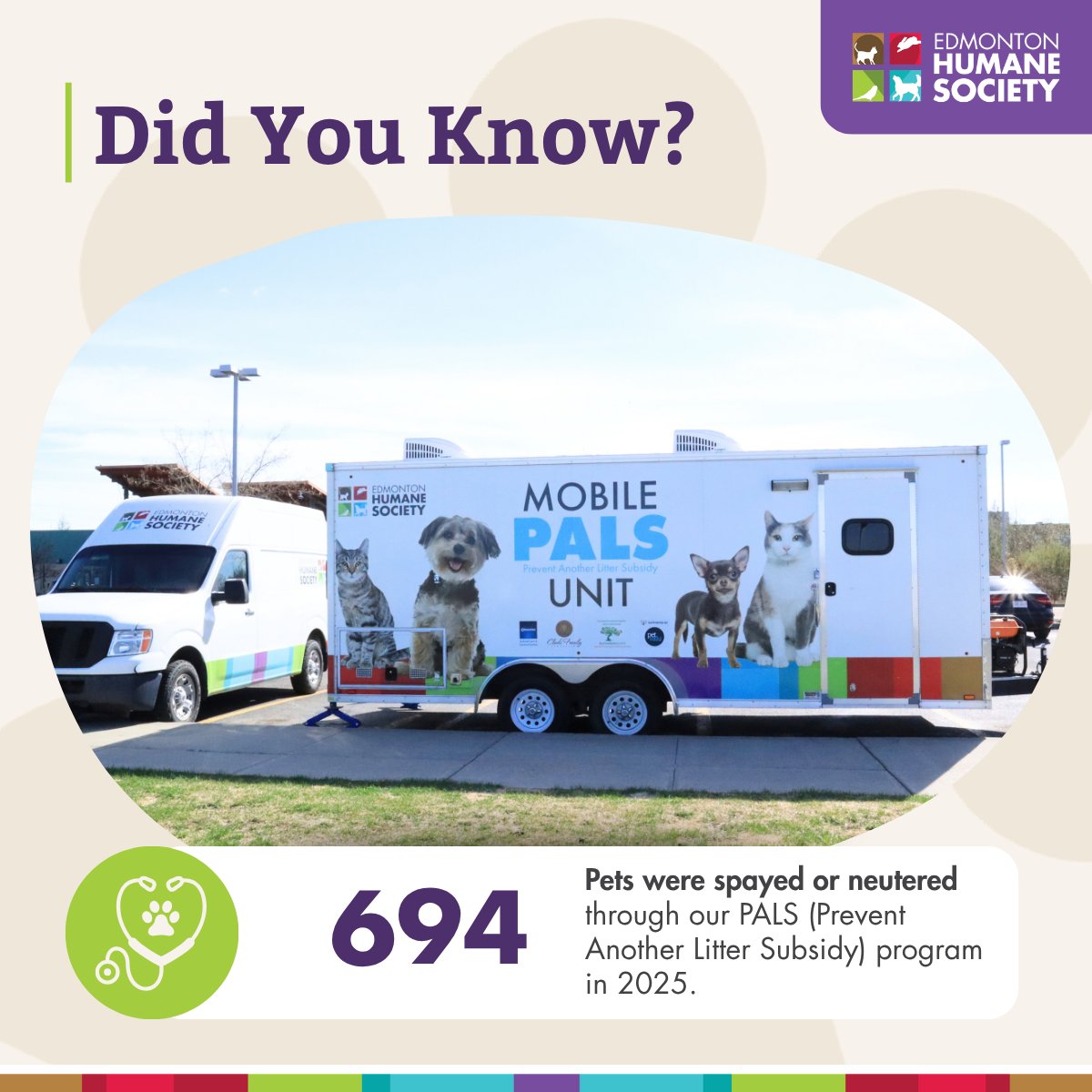 EdmontonHumane's tweet photo. Did you know? 💡 

In 2025, our EHS medical team spayed or neutered 694 pets through our PALS program — created to assist people who don’t have the financial ability to spay or neuter their animals.

👉 Explore more highlights in our 2025 Annual Report: https://t.co/K8ljtfkiVW https://t.co/BYDGFMWbxs