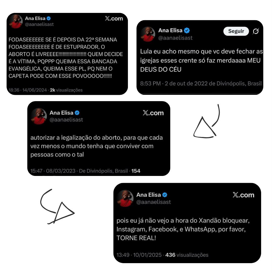 Direita_SCCP's tweet photo. Olá @aanaelisast tudo bem? Você deixou escapar alguns posts.
Quantos crimes você cometeu apenas nesses aqui?! Intolerância Religiosa? Temos!
Censura? Temos! Católica apoiar aborto? Temos! Fora outros posts seus.

Isso é defender democracia para você? É isso que o @LulaOficial quer usar para virar votos? Impressionante o ódio nessas mensagens. 

Mais do que nunca chegou a hora da união junto ao @FlavioBolsonaro ! Será 22!!
#Eleições2026 #Eleicões2026 #eleição2026 #Eleições #Democracia #FlavioBolsonaro2026 #FlavioBolsonaro #ForaLula #ForaPT #Lula