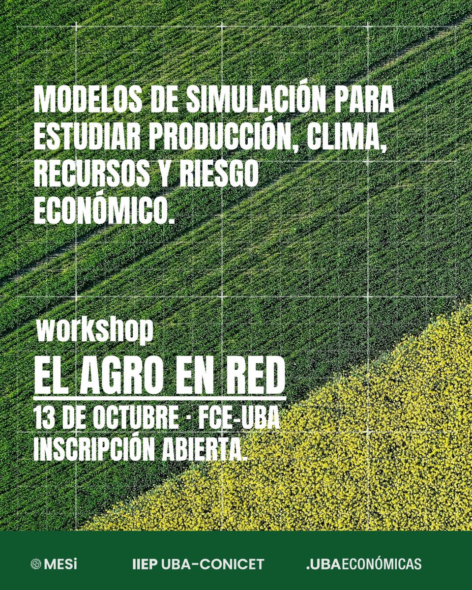 mesi_iiep's tweet photo. 8 de octubre 🌾 Día de la Agricultura y del Productor Agropecuario. Producir es tomar decisiones en un sistema conectado: clima, recursos, rendimiento, mercados, economía. Simulamos escenarios productivos. Workshop El Agro en Red: 13/10, FCE-UBA. Inscripción abierta. #MESi #IIEP https://t.co/Rf9LUQQaWL