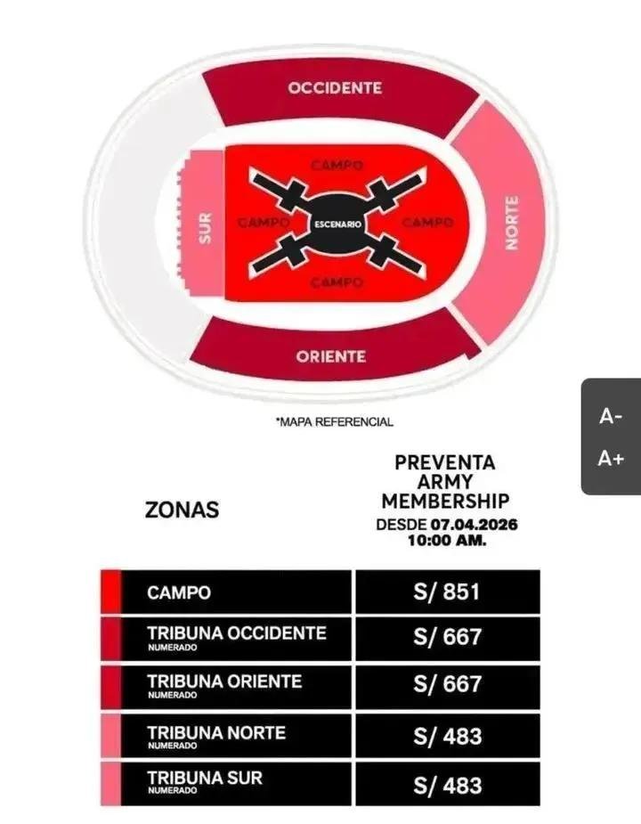 ghuyti98's tweet photo. 🎟️ Reventa de entrada — BTS World Tour ‘ARIRANG’
📅 7 de octubre de 2026, 8:00 PM
📍 Estadio San Marcos, Lima
🎫 Tribuna Oriente — Fila 4
💺 Asientos 11, 12, 13 y 14
💰 Precio: S/483 por entrada https://t.co/vaf9bJaREB