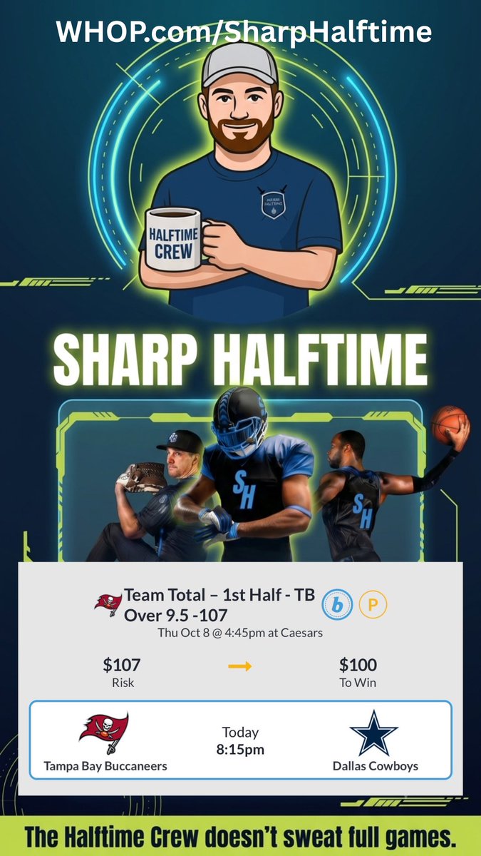 SharpHalftime's tweet photo. 🏈 NFL ⏱️ 

1H Buccaneers TT O9.5 

HIT ❤️ IF TAILING https://t.co/nRn8wFq4Ke