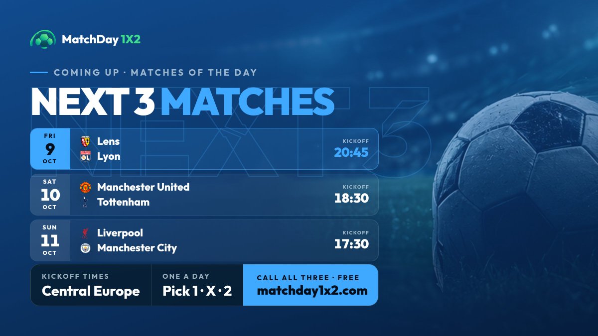 matchday1x2's tweet photo. ⚽ The next 3 matches of the day on MatchDay 1X2

📅 Fri 9 Oct · Lens vs Lyon · 20:45 (Central Europe) · Ligue 1
📅 Sat 10 Oct · Manchester United vs Tottenham · 18:30 (Central Europe) · Premier League
📅 Sun 11 Oct · Liverpool vs Manchester City · 17:30 (Central Europe) · Premier League

One match a day: pick 1, X or 2 on its day. Which one will you call right? 👇

#Ligue1 #football