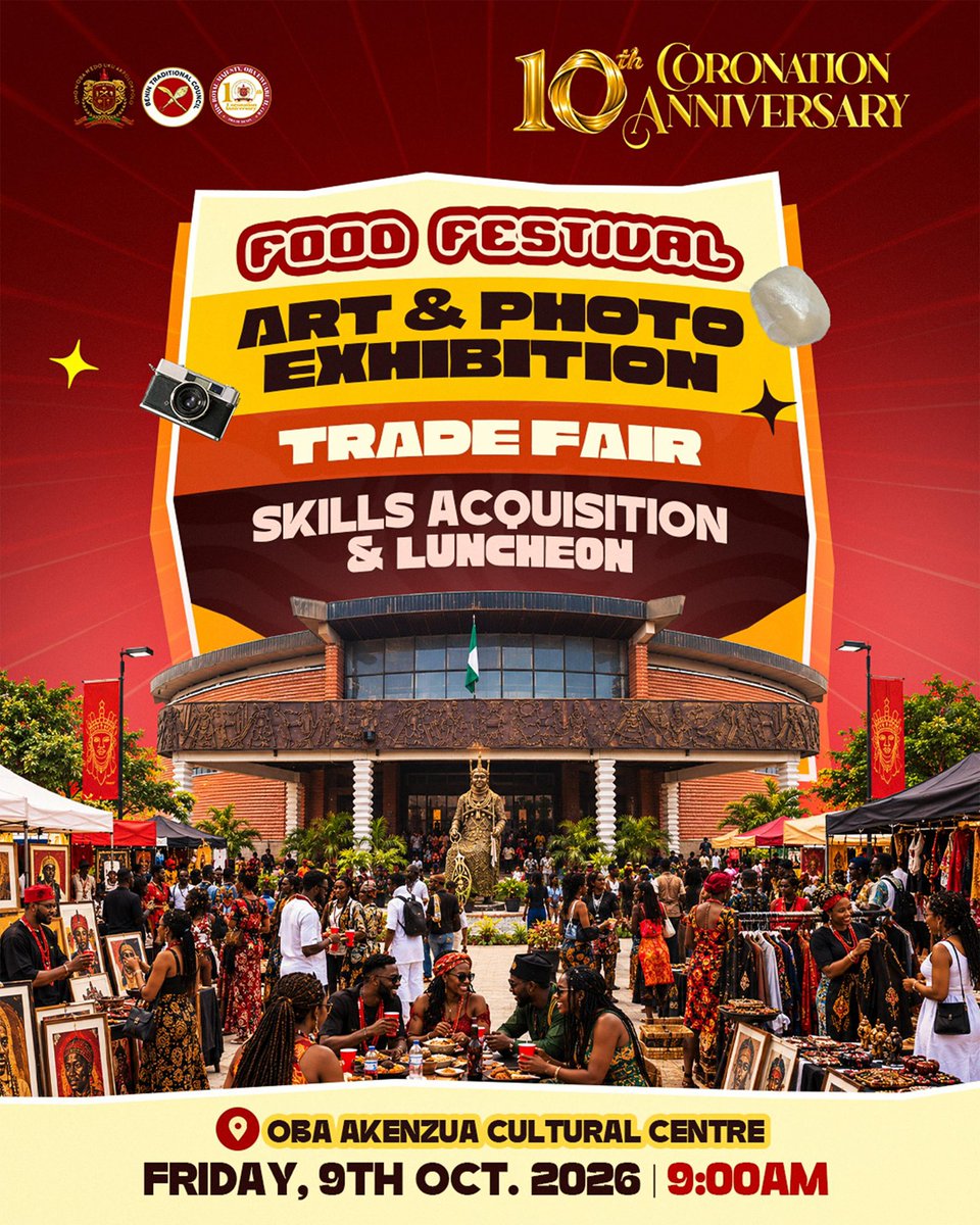 TheBeninRoyal's tweet photo. 🍲🎨As part of the 10th Coronation Anniversary of the Oba of Benin; Get ready for a vibrant celebration of Benin culture, creativity, entrepreneurship,and the rich heritage of our great Kingdom!

Come experience the beauty of Benin culture

#10thCoronationAnniversary #EdoHeritage https://t.co/2gbPriyKsk