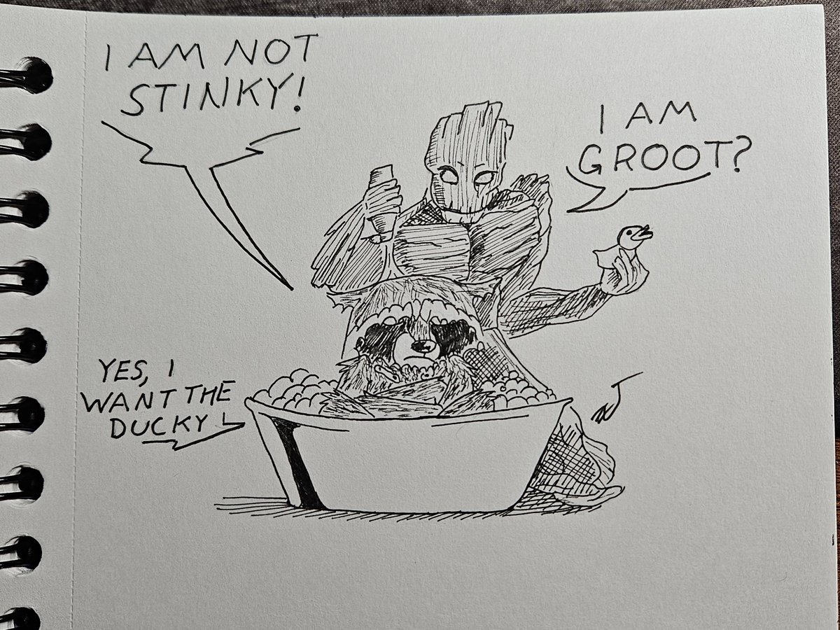 netwarior5's tweet photo. Bath Time
#Inktober day 8: Stinky
Rocket was voted the group's stinkiest member and forced to take a bath

#RocketRaccoon #traditionalart #groot https://t.co/xnU68LRZmB