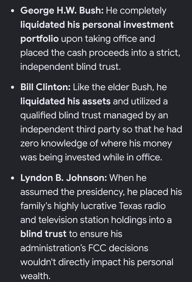 ElaineBenes99's tweet photo. Of course politicians aren't clean. That doesn't make this corruption any less egregious. Any politician guilty of corruption should be prosecuted. As for bump in net worth, most incidents happened after leaving office, usually because of paid speeches and writing books. The self-dealing and mega "gift" accepting (um, bribes) beyond the insider trading is even worse. Qatar luxury jumbo jet anyone?

To avoid potential conflicts of interest, Jimmy Carter voluntarily placed his family peanut business into a blind trust in 1977.
More modern examples: