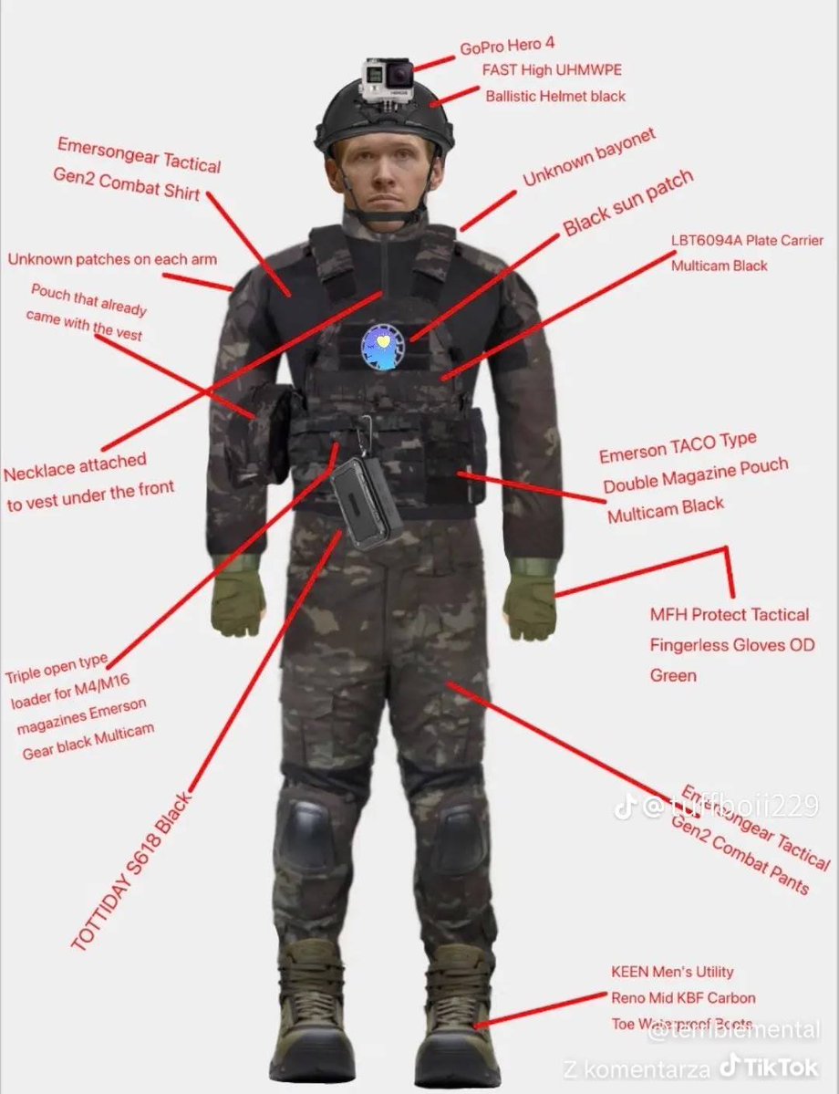 Matthew_bz's tweet photo. True Crime Community (czyli grupa do ktorej należy 15-letni chłopak zabójca z Wyszkowa) charakteryzuję się kilkoma specyficznymi mechanizmami:

1. ​Szczegółowa analiza wyposażenia (tzw. "Loadout"): Społeczność z obsesyjną dbałością o detale rozkłada na czynniki pierwsze taktyczny strój i ekwipunek omawianej osoby. Grafika przedstawia precyzyjny opis każdego elementu ubioru, wymieniając https://t.co/w7j5M7QwUo. kamerę GoPro Hero 4 zamontowaną na kasku balistycznym, naszywkę z symbolem "Black sun" na klatce piersiowej, kamizelkę typu Plate Carrier oraz konkretne modele odzieży taktycznej (jak spodnie i koszula marki Emersongear). Przedstawiają to w formie przypominającej analizę ekwipunku postaci z gry komputerowej.  

​Posługiwanie się ukrytą symboliką (ang. dog whistles): Użytkownicy komunikują się za pomocą haseł i liczb, które dla osób z zewnątrz wydają się przypadkowe. Na zrzucie ekranu z TikToka widać osobę w bluzie z napisem "FEAR OF 51" – w środowiskach ekstremistycznych liczba 51 jest często używana jako hołd dla liczby ofiar zamachu w Christchurch. Autor filmu z aprobatą określa tę osobę mianem "based brother 👌". 
 
​Tworzenie "editów" i romantyzacja: Społeczność ta masowo tworzy krótkie formy wideo, w których wizerunek sprawców (np. w hełmie taktycznym) jest podkładany pod określoną muzykę i cytaty. Przykładem jest wklejony kadr z młodym mężczyzną w sprzęcie taktycznym opatrzony napisem "I am the God of hellfire and I bring you fire". Do pozycjonowania i łączenia tych treści używa się dedykowanych hashtagów, takich jak #51.