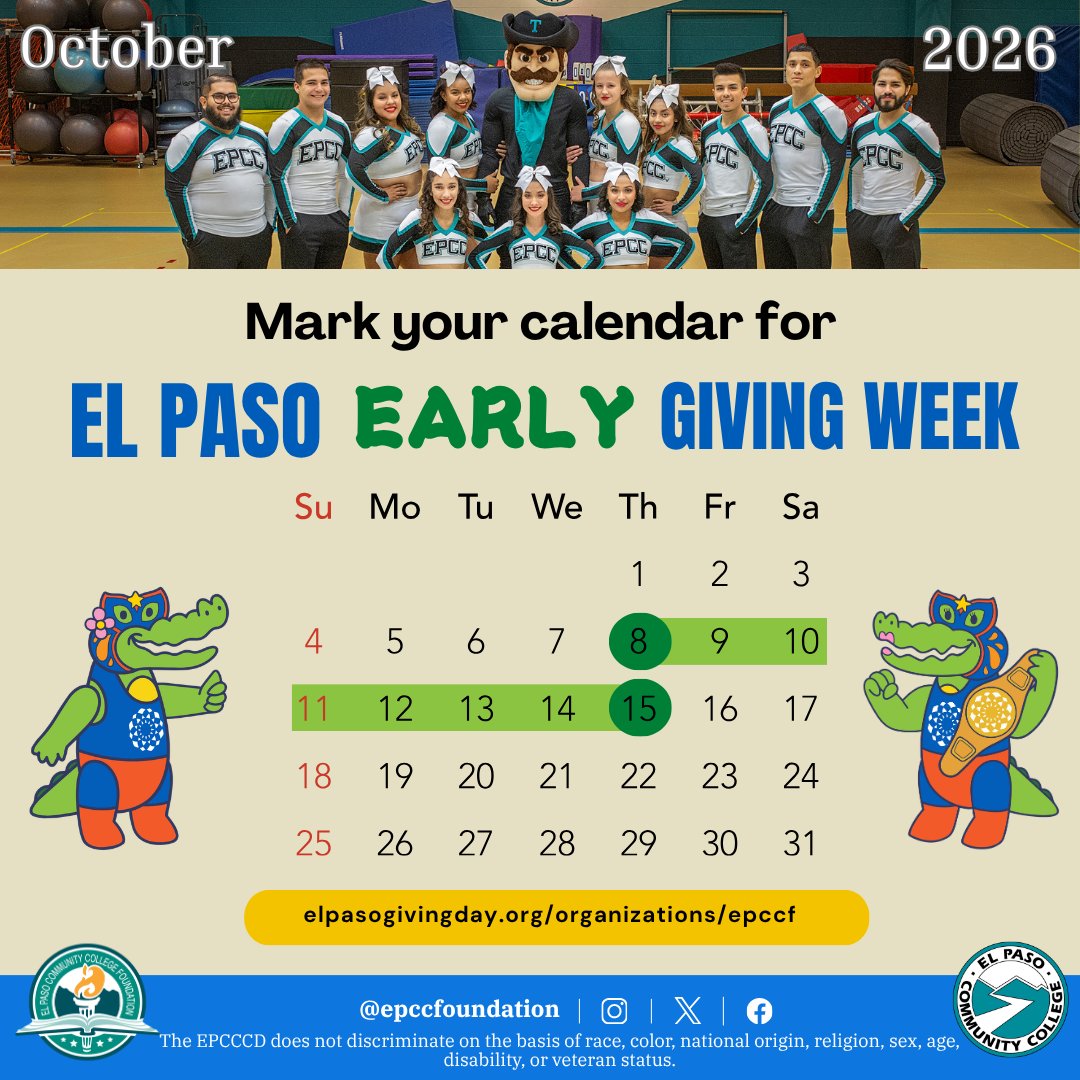 EPCCFoundation's tweet photo. We’re aiming high this year! 🌟 Our goal is to raise $25,000 for student scholarships and emergency assistance at El Paso Community College.
Whether it’s $10 or $100, your contribution makes an immediate difference. Help us hit our star target! ⭐
@EPCCNews
#ElPasoGivingDay #EPCC https://t.co/aX3cizsczb