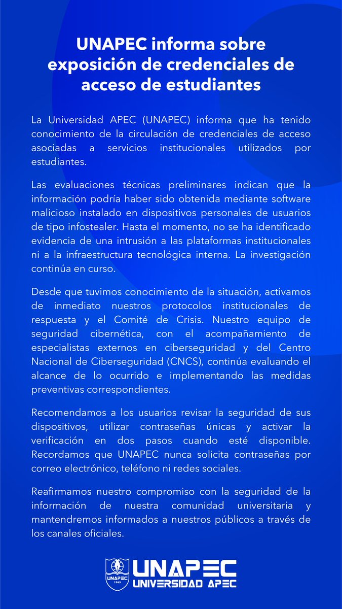 UNAPEC's tweet photo. 📢 Invitamos a nuestra comunidad universitaria a consultar el comunicado oficial sobre la exposición de credenciales de acceso y seguir las recomendaciones de seguridad para proteger su información.

Mantente informado a través de los canales oficiales de Unapec. https://t.co/XKZAzraH86