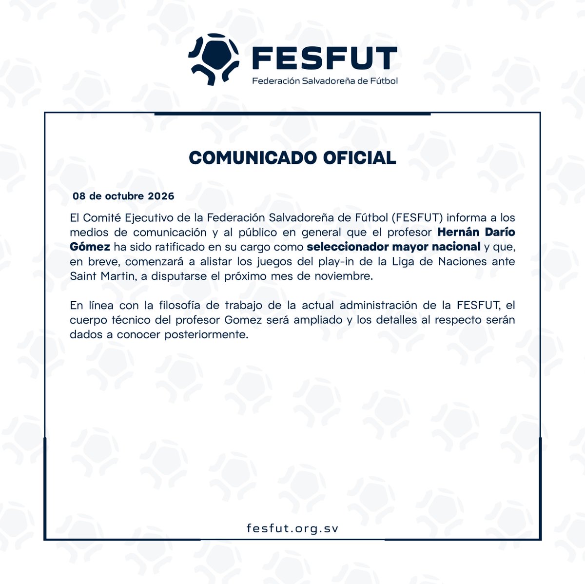 fesfut_sv's tweet photo. 𝐂𝐎𝐌𝐔𝐍𝐈𝐂𝐀𝐃𝐎 𝐎𝐅𝐈𝐂𝐈𝐀𝐋 | Sobre la continuidad de Hernán Darío Gómez como Director Técnico de la Selección Mayor Masculina. https://t.co/9frPTCVjTS