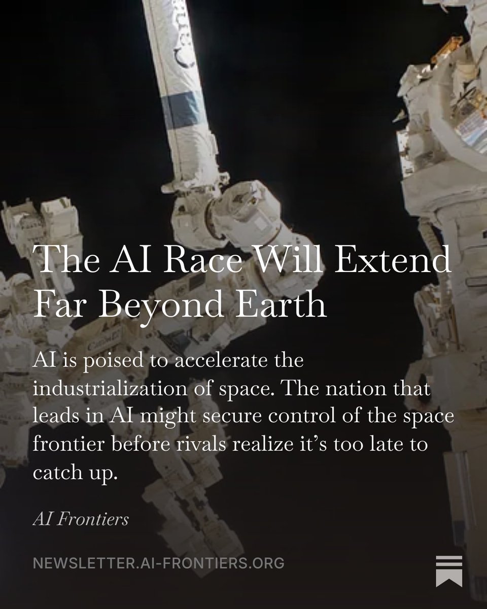 The_DanielKing's tweet photo. I'm in AI Frontiers today arguing that countries and companies need to wake up to AI-driven takeover of outer space.

Due to the compounding returns of being the first mover and tapping into massive infrastructure in space, a winner-take-all outcome is looming.

Rival states, who lag in launch capacity as well as frontier AI, would have an incentive to strike first, before such a pioneer establishes enduring hegemony.

Here's why the first-mover advantage could be so durable:
First movers in space will benefit from an industrial flywheel, wherein space-based solar power enables more compute and the construction of yet more space-based solar and thus more compute and furthermore.

Moreover, many of the engineering problems that make spacecraft fragile and costly today—and which cause people to instinctively dismiss rapid space takeover as science fiction—will be solved using AI-accelerated engineering. Brutal present-day latency in robotic operations (e.g., a radio signal can take 40 minutes to and from Mars...possibly for a single instruction) will be circumvented by on-board intelligent operation (i.e., full self-driving for orbiters, landers, and rovers).

The result is that a lead in AI capabilities could have huge, huge industrial returns for an actor that first manages to spin up infrastructure in space. That includes the orbital analogs to workshops and shipyards.

Laggard countries and companies simply will not benefit from these dependencies, such as orbital factories and depots for assembling structures that wouldn't fit into one rocket fairing (e.g., too wide for the hold of Starship) and which therefore would be infeasible for rival states to produce.

And herein lies the wicken security dilemma:
The optics for laggard nations are awful. As in MAIM, a country just isn't used to thinking about kinetically striking foreign soil merely to stop a commercial computing operation or, in this case, because some really cool and innovative company is collecting energy and putting lasers and robots into space. It feels wholly inappropriate to exert violence on a bustling business.

But such a bustling business is exactly what we will see as one actor (whether private or government) is spinning up history's largest industrial flywheel—extraterrestrial infrastructure providing energy, compute, and robotic manipulation to carry out all its other ambitions in space.

Finally, the holy grail of space expansion will be to launch von Neumann probes or specialized development convoys into space to establish colonies and proliferate themselves. In other words, a space virus.

Hmm...how could this ever go wrong?
1) If these AI envoys are aligned to the interest of just one man, other countries had better hunt that shit down.
2) If these AI envoys are hastily, sloppily developed and thus misaligned with civilization overall, we had better hunt that shit down.

Nation states must wake up, because there may be a point of no return.