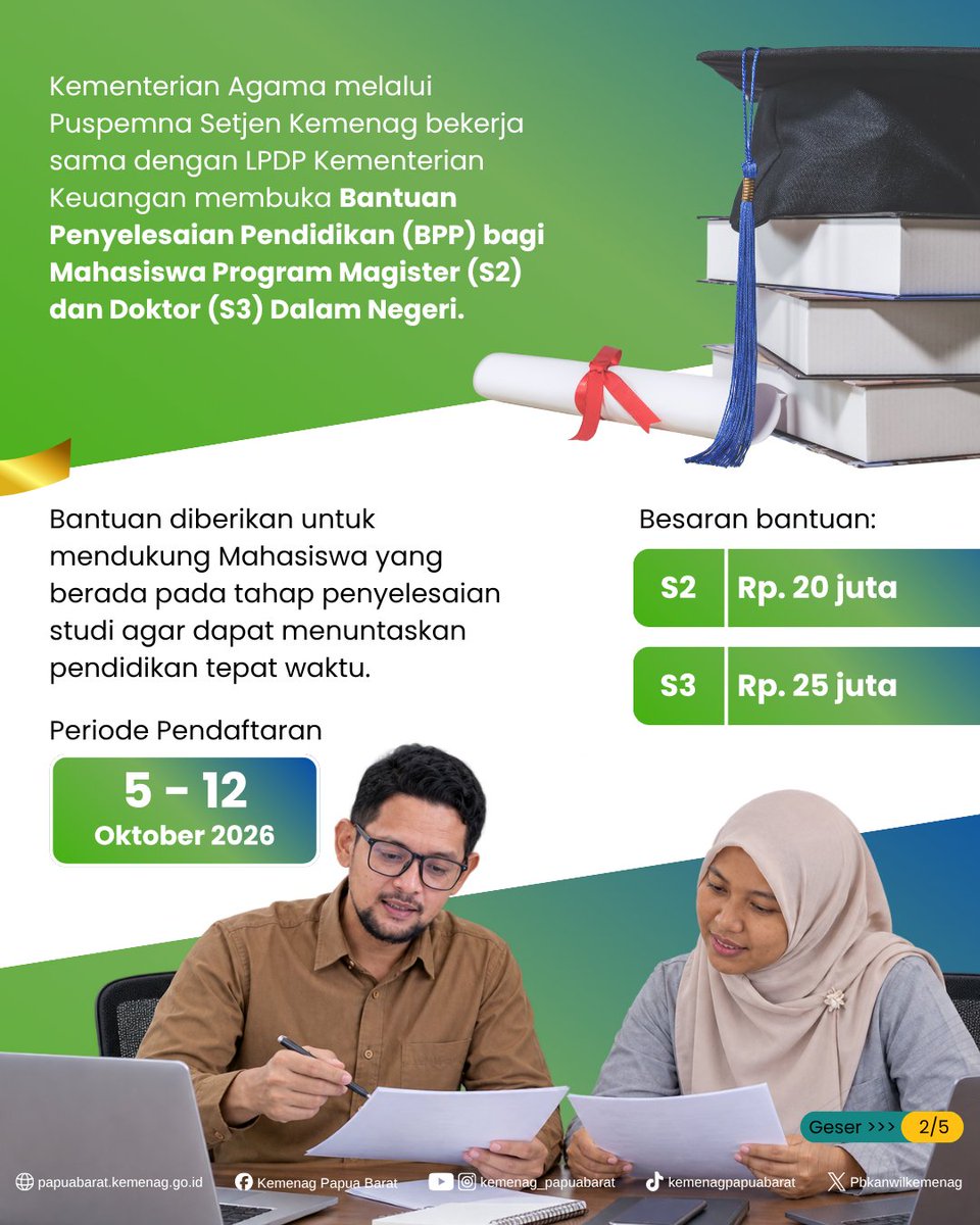 Pbkanwilkemenag's tweet photo. Sahabat Religi, Kemenag bersinergi dengan LPDP resmi membuka program Bantuan Penyelesaian Pendidikan (BPP) S2 dan S3 dalam negeri.
#KemenagRI #LPDP #BeasiswaKemenag #BPP2026 #KemenagPapuaBarat https://t.co/JtnrDt4mO6