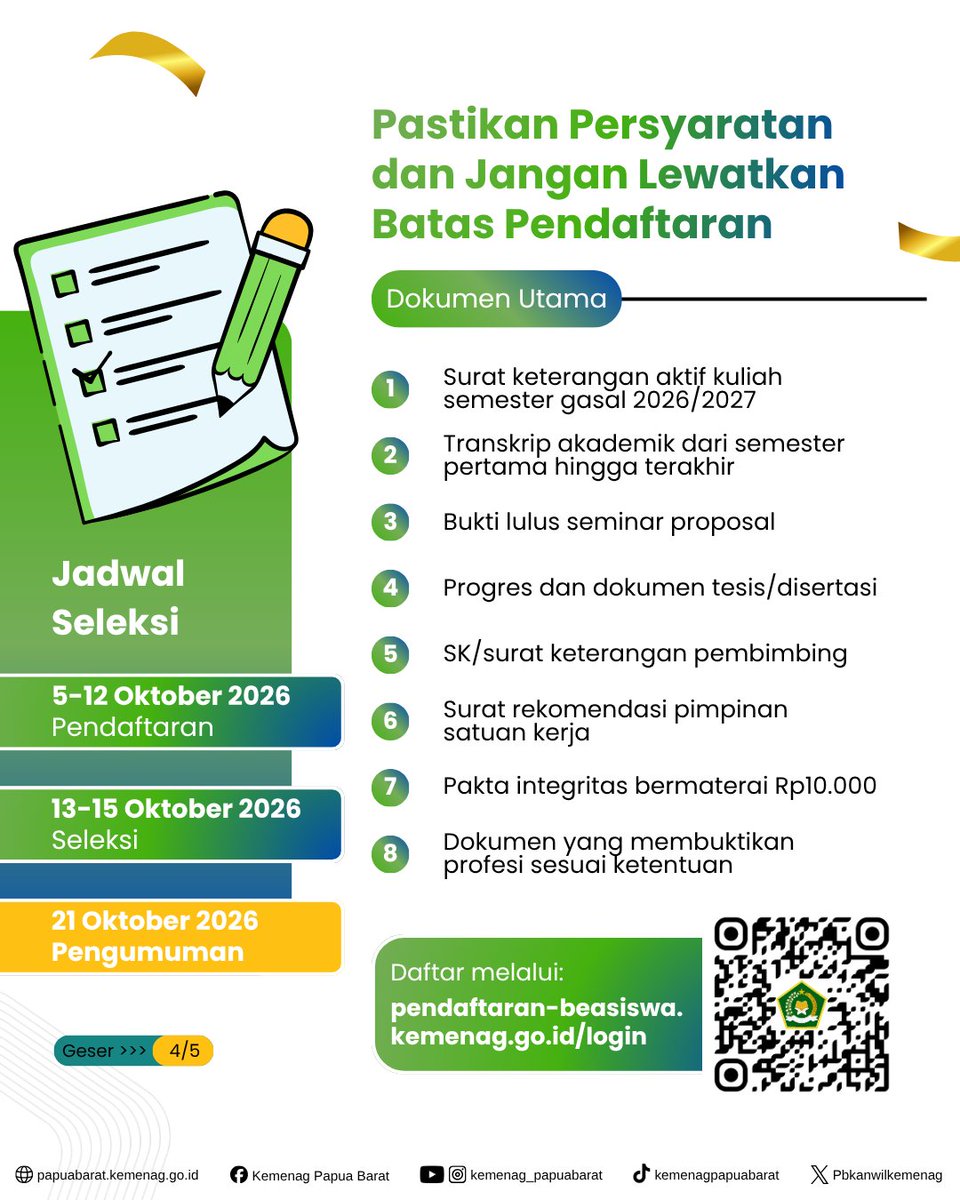 Pbkanwilkemenag's tweet photo. Sahabat Religi, Kemenag bersinergi dengan LPDP resmi membuka program Bantuan Penyelesaian Pendidikan (BPP) S2 dan S3 dalam negeri.
#KemenagRI #LPDP #BeasiswaKemenag #BPP2026 #KemenagPapuaBarat https://t.co/JtnrDt4mO6