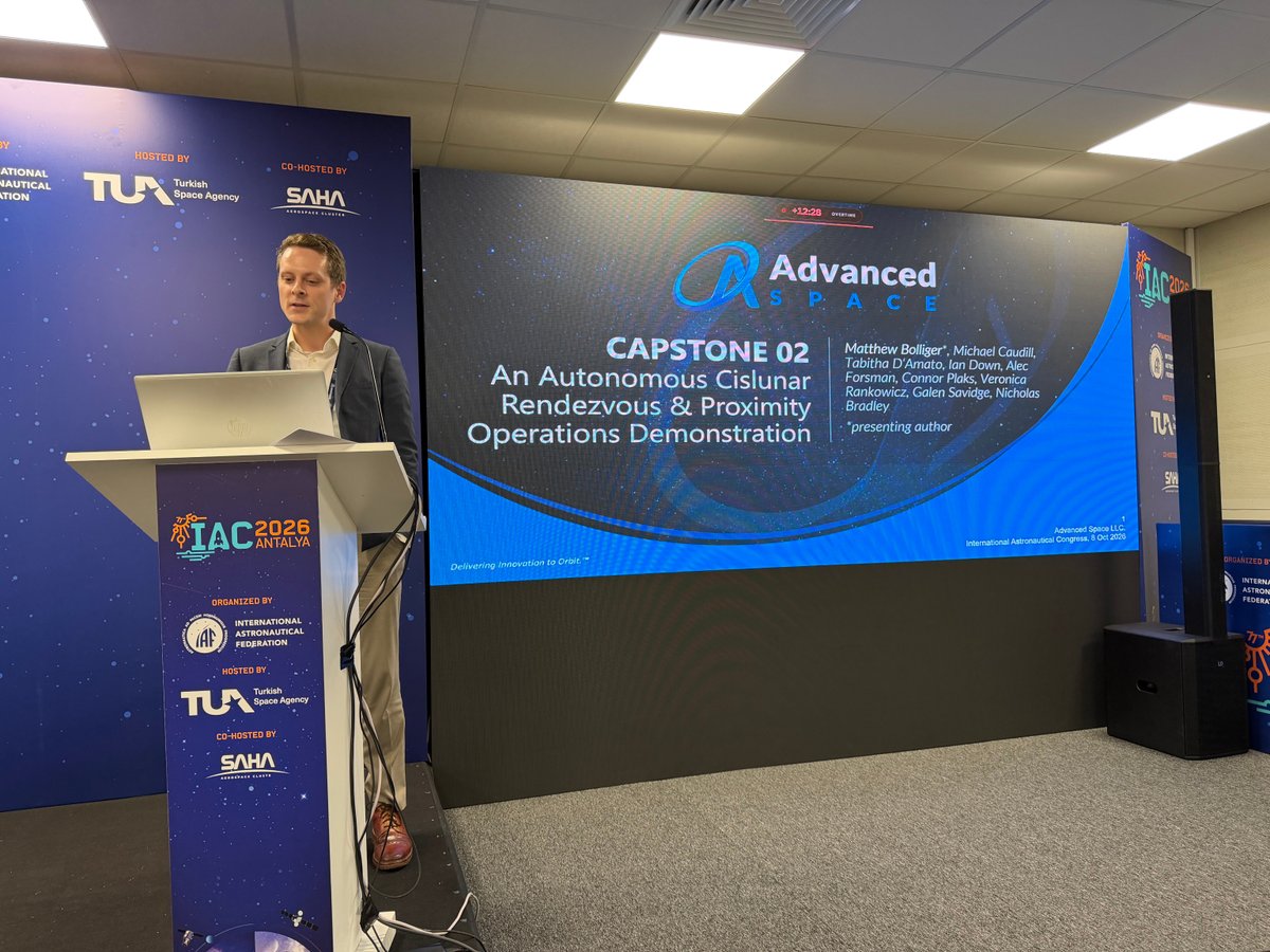 AdvancedSpace's tweet photo. Advanced Space is presenting at the International Astronautical Federations’s (@iafastro) @IAC2026Antalya Turkey, today, with Astrodynamics and Satellite Navigation (ASN) engineers Matthew Bolliger and Ethan Kayser taking the stage!

This year's International Astronautical Congress drew 8,325 abstract submissions from 108 countries, both records.

Thank you to all the leaders at @NASA, @CommerceinSpace, @UNOOSA, and everyone who engaged with the team this week. The conversations, information-sharing and new connections have been incredible and we are grateful for opportunity to connect with the global space community.

#AdvancedSpace #Innovation2Orbit #IAC2026 #Antalya #Cislunar #SpaceCommunity