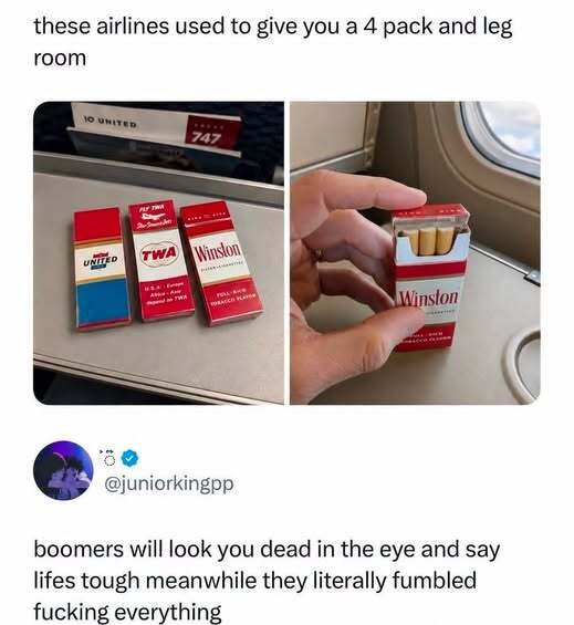 BHunterMcGee's tweet photo. We could have had ALL OF THE THINGS. 
I flew on a 747 as a kid, overseas.
I got to spin around in lounge chairs on the second level, alone, because YOU could smoke in your seat and just lounge where you were. Besides, there was some kid mucking about in the Upstairs Lounge 😶‍🌫️ https://t.co/IzW7M159uE