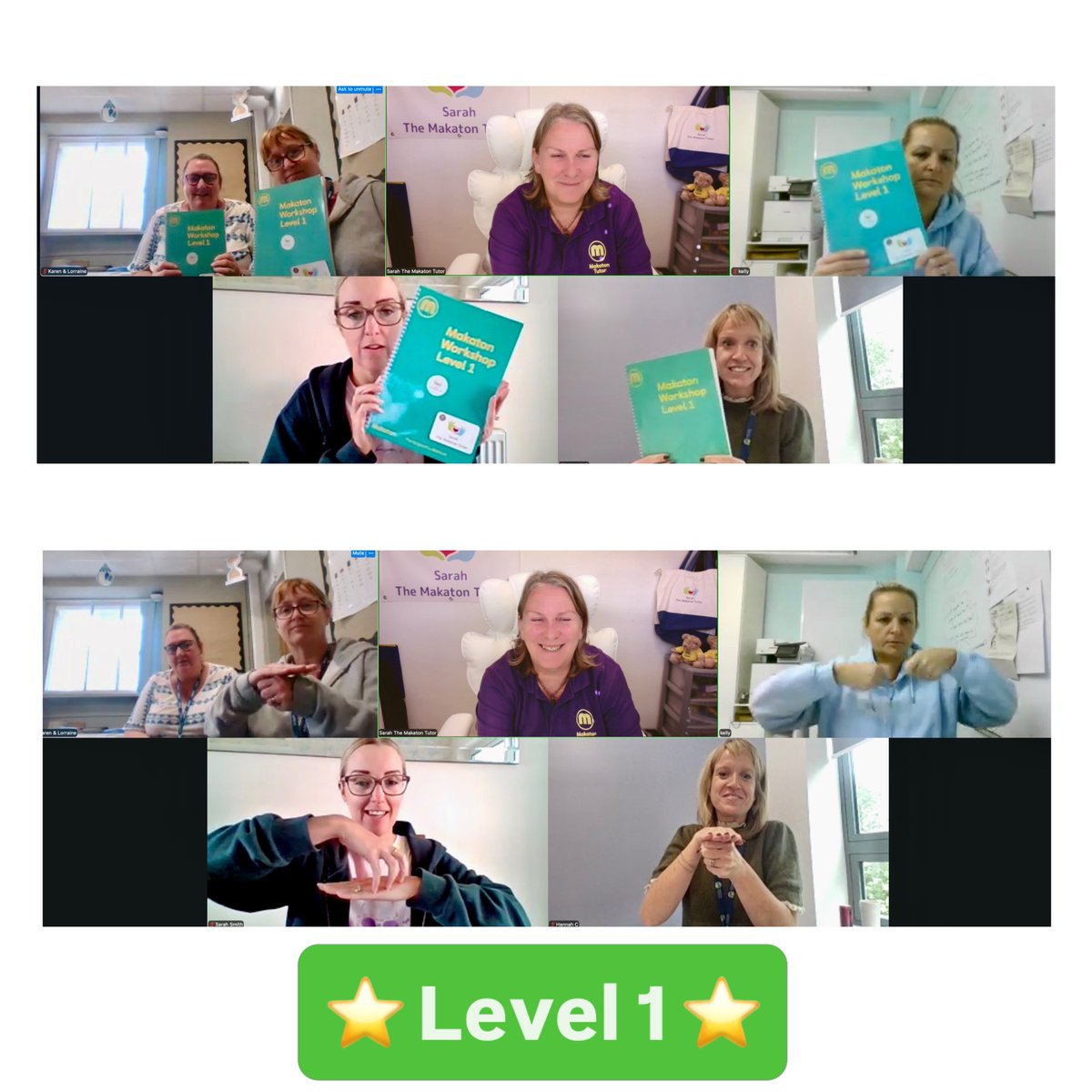 SarahMakaton's tweet photo. ⭐️ Level 1 Workshop ⭐️

Massive congratulations to these wonderful ladies who yesterday successfully started their Makaton journey by completing their #Level1 
🙌🏻🙌🏻🙌🏻

They are all extremely passionate about improving the communication outcomes for the individuals they support.

Can you tell what they’re signing?!?!?! 🤷🏼‍♀️🤷🏼‍♀️🤷🏼‍♀️
[Clue:  it’s their favourite sign from Level 1]

If you’re ready to start your Makaton journey check out my booking site for dates of my next Level 1 that best suits your diary:-

https://t.co/TU3T9Wx62V

#WeTalkMakaton
#WeUseMakatonWhatsYourSuperpower
#MakatonTutor
#SarahTheMakatonTutor
#GuessTheMakatonSign