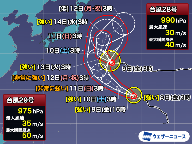 wni_jp's tweet photo. 【台風情報】10月9日(金)3時現在、日本の周辺には28号(ノロ)と29号(コグマ)の2つの台風があります。29号(コグマ)が発達し、強い勢力になりました。どちらの台風もしばらく西寄りに進み、三連休の頃には北へ進路を変えるとみられます。
https://t.co/FTTnhI3QB4 https://t.co/rCbunKknWU