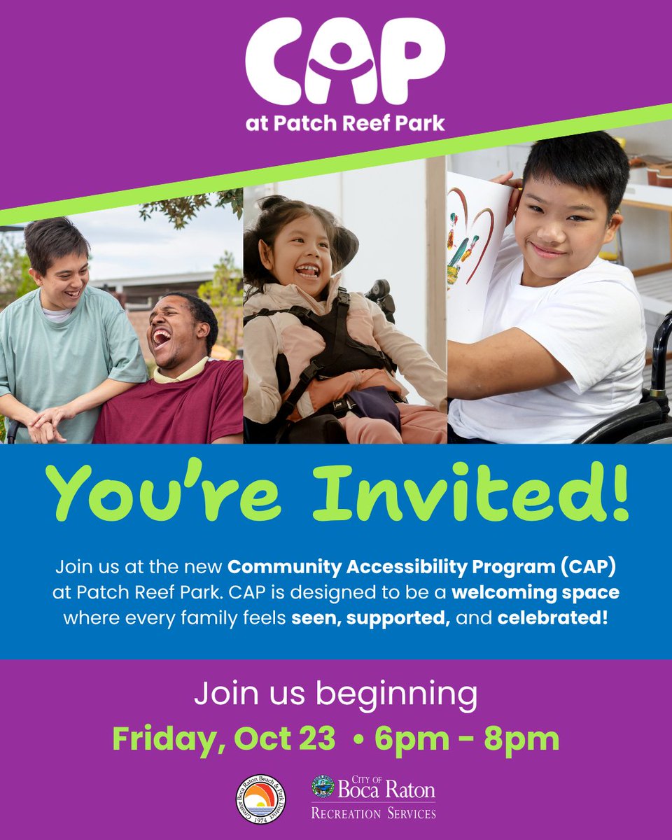 BocaRecreation's tweet photo. 🎉 Find your place at CAP! Join the Community Accessibility Program’s soft opening &amp; ribbon cutting Oct 23, 6-8pm at Patch Reef Park, 2000 Yamato Road. Explore inclusive recreation for children &amp; families of all abilities! 💜
https://t.co/HTCoaPBbIn https://t.co/Mg1y8xvHZy