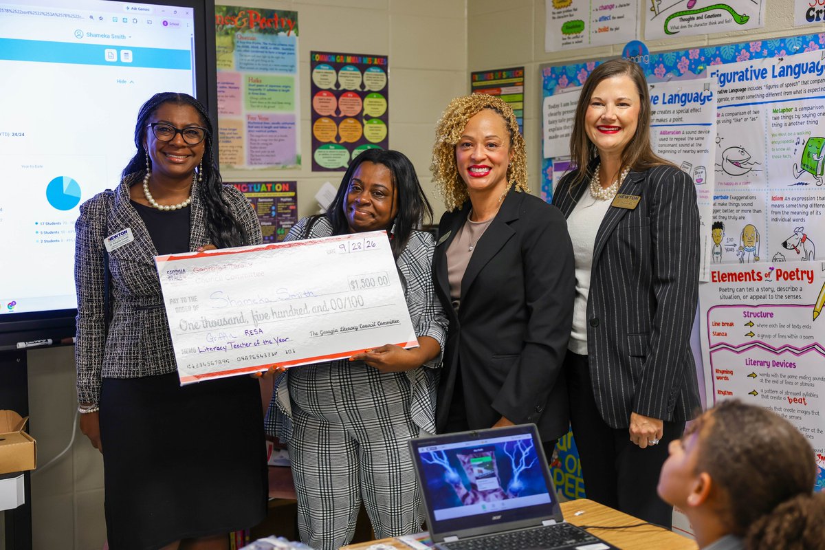 NewtonCoSchools's tweet photo. 🎉 SURPRISE! What a morning at Livingston Elementary! Third-grade teacher Dr. Shameka Smith was surprised in her classroom with the news that she's the 2026 Griffin RESA Regional Literacy Teacher of the Year! 📚🏆

Recognized for outstanding student growth in literacy, Dr. Smith is now in the running for the statewide Georgia Literacy Teacher of the Year honor!

Congratulations, Dr. Smith! We are SO proud of you! ❤️

Read her story! 👇
https://t.co/5rlqOqjR1v