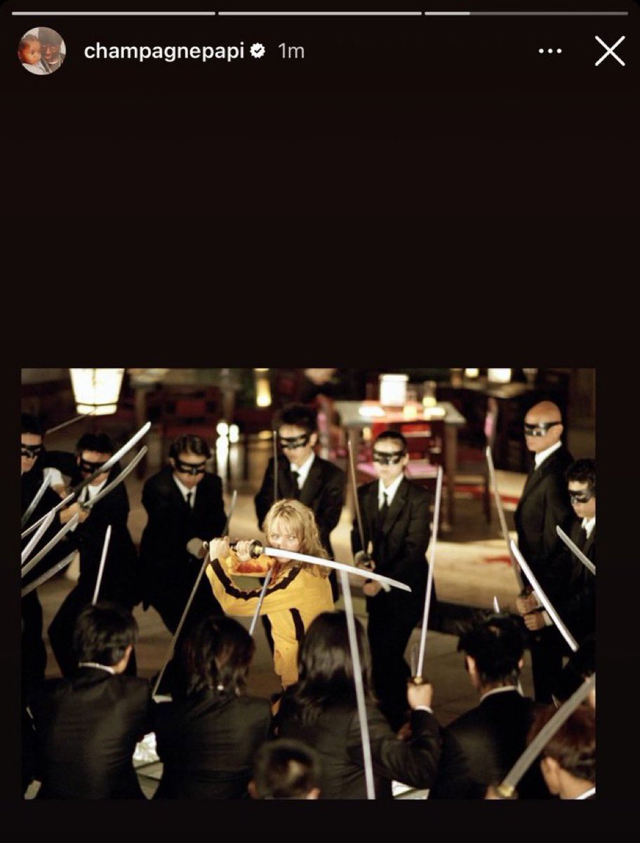 skyyreturns's tweet photo. When Uma Thurman saw Drake’s "Kill Bill" post and offered him the actual suit she wore in the movie  after he posted her during the beef in 2024 😭 https://t.co/Nhp9NRICvg