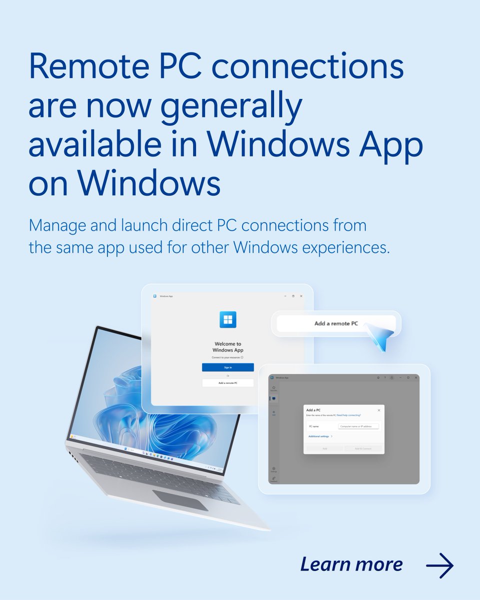 WindowsAtWork's tweet photo. Remote PC connections are now generally available in Windows App on Windows.

Connect to the Windows devices you rely on, all from the same modern Windows App experience. 

https://t.co/HwIFvMGFzn https://t.co/6aDE8k8zN5