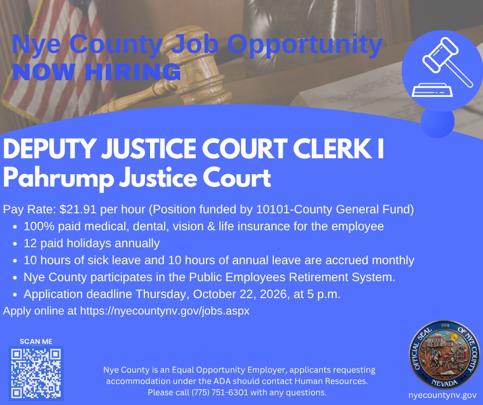 NyeCounty's tweet photo. #NowHiring
Nye County is hiring a Deputy Justice Court Clerk I for the Pahrump Justice Court.
Full‑time with benefits, $21.91/hr.
Apply by Oct. 22 at 5 p.m.
Details: https://t.co/MUeEutljNW
#NyeCountyJobs #CourtJobs https://t.co/joCcxmHVTU