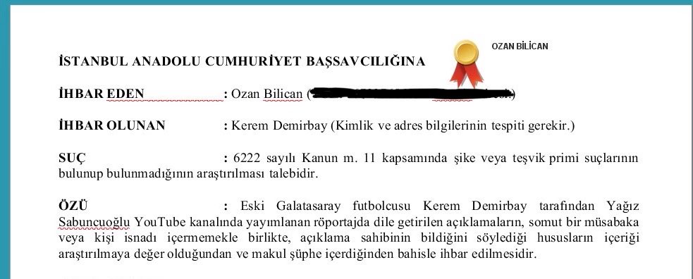 avozan_'s tweet photo. Eski Galatasaray futbolcusu Kerem Demirbay’ın kamuoyuna yansıyan açıklamalarının makul şüphe içermesi sebebiyle İstanbul Anadolu Cumhuriyet Başsavcılığına ihbarda bulundum.

Umarım kendisi ifadeye davet edilir ve açıklayamadığı o hususların detaylı izahı istenir. https://t.co/X5L78rKUDm