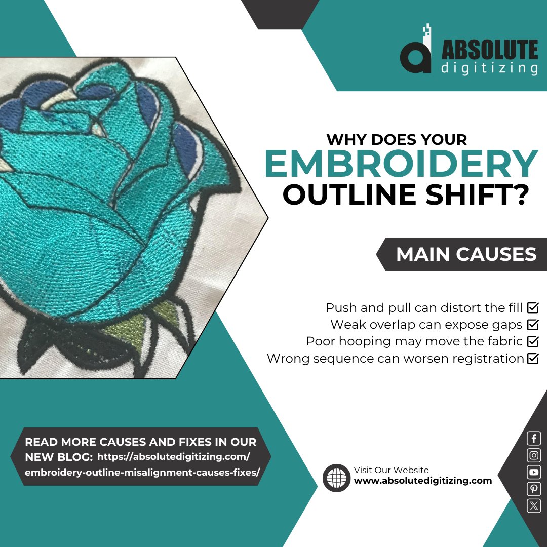Emb_Digitizing's tweet photo. Why does your embroidery outline shift? Push-pull distortion, weak overlap, poor hooping, and incorrect stitch sequence can all cause registration problems. Learn the causes and fixes in our latest blog https://t.co/MH42RetKf4 
get a free quote at https://t.co/icpC7EXsxp https://t.co/JQG6xdxY1k