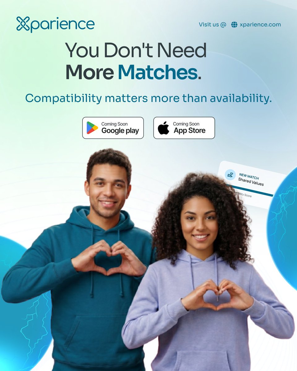 xparience's tweet photo. You don’t need endless matches, just ones that feel right. 💚

XPARIENCE compatibility scores help you see who you truly align with.

#XPARIENCE #CompatibilityScores #IntentionalDating #MeaningfulConnections #ComingSoon https://t.co/jXLp706Oc4