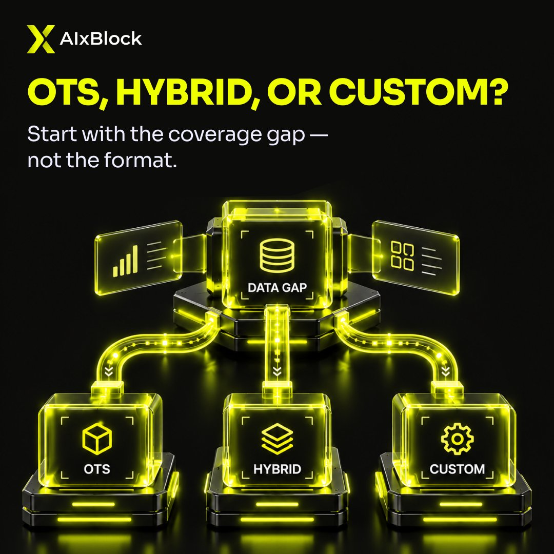 AIxBlock's tweet photo. The first question in data sourcing should not be:
“Should we buy OTS data or run a custom collection?”

Start with the gap.

OTS DATA is useful when:
• you need to move quickly
• existing coverage is close to the target
• licensing and permitted use fit the project
• you need benchmark, pre-training, or additional volume

CUSTOM COLLECTION is useful when:
• the scenario is specific
• speaker, device, environment, or domain requirements are tightly defined
• metadata or annotation requirements are unique
• consent, storage, or delivery controls need to follow a project-specific workflow

HYBRID is often the practical middle:
1. use existing data to establish a baseline
2. identify what is missing
3. collect only the uncovered segments

That turns the sourcing decision from a preference into a coverage decision.

The buyer question is:
What is missing — volume, conditions, labels, rights, or control?

AIxBlock supports OTS and custom data programs across speech, text, audio, video, and specialized datasets.
#AIData #DataProcurement #SpeechAI #EnterpriseAI #DataQuality