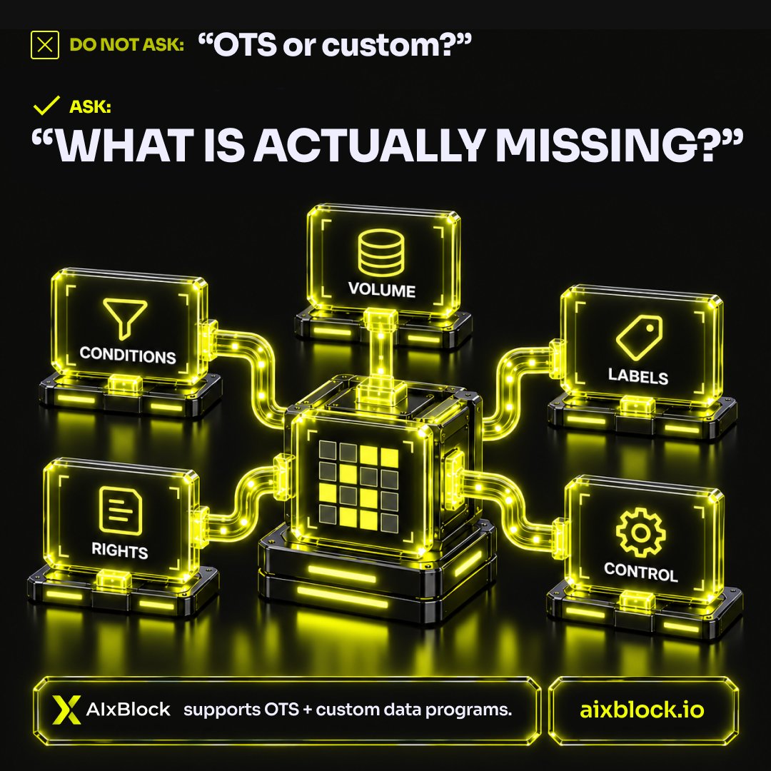 AIxBlock's tweet photo. The first question in data sourcing should not be:
“Should we buy OTS data or run a custom collection?”

Start with the gap.

OTS DATA is useful when:
• you need to move quickly
• existing coverage is close to the target
• licensing and permitted use fit the project
• you need benchmark, pre-training, or additional volume

CUSTOM COLLECTION is useful when:
• the scenario is specific
• speaker, device, environment, or domain requirements are tightly defined
• metadata or annotation requirements are unique
• consent, storage, or delivery controls need to follow a project-specific workflow

HYBRID is often the practical middle:
1. use existing data to establish a baseline
2. identify what is missing
3. collect only the uncovered segments

That turns the sourcing decision from a preference into a coverage decision.

The buyer question is:
What is missing — volume, conditions, labels, rights, or control?

AIxBlock supports OTS and custom data programs across speech, text, audio, video, and specialized datasets.
#AIData #DataProcurement #SpeechAI #EnterpriseAI #DataQuality