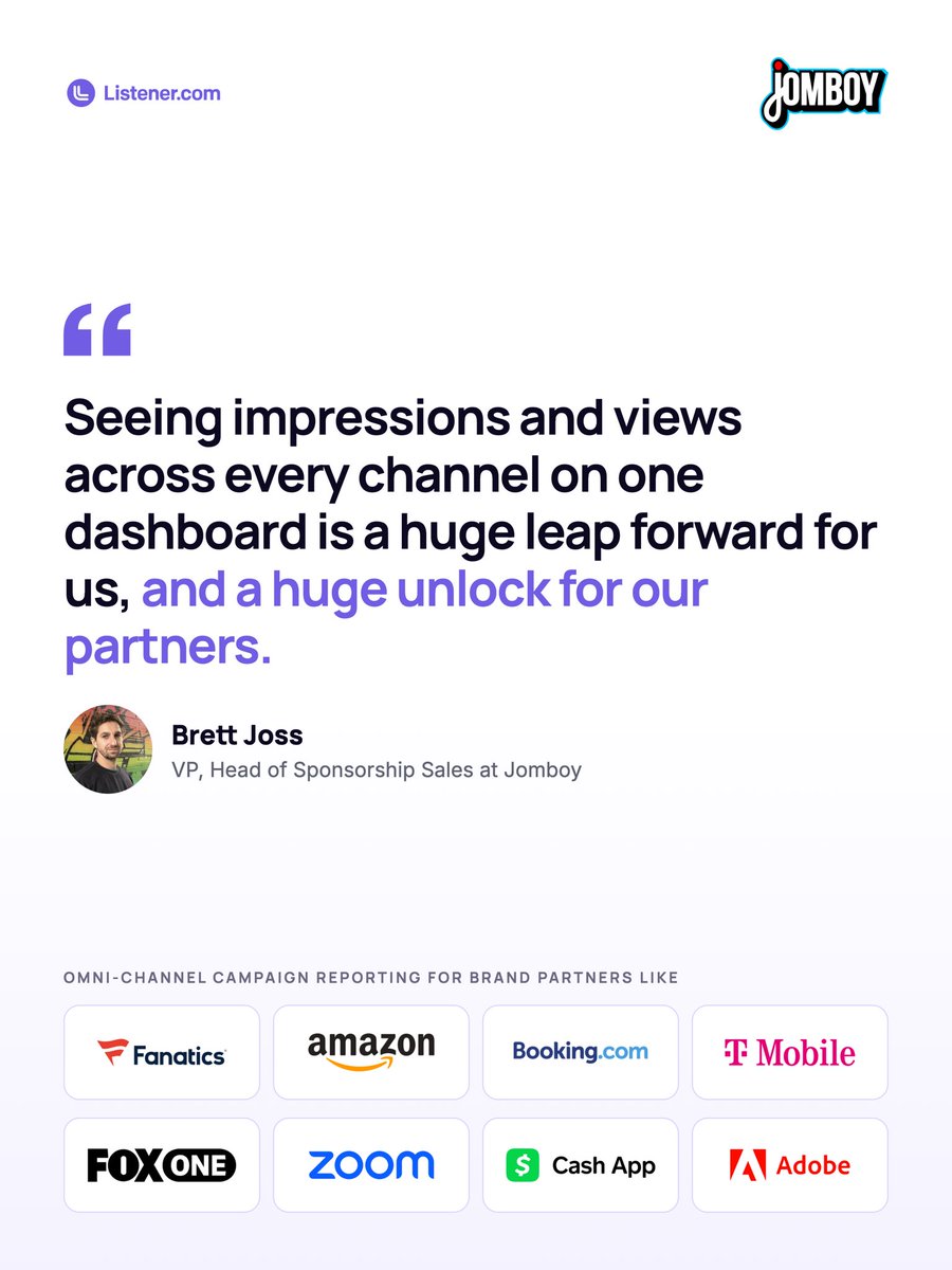Listener's tweet photo. "A huge unlock for our partners."

That's how Brett Joss, VP, Head of Sponsorship Sales at @JomboyMedia, described Jomboy's omni-channel campaign reporting on @Listener. https://t.co/KIkFwsYjoM