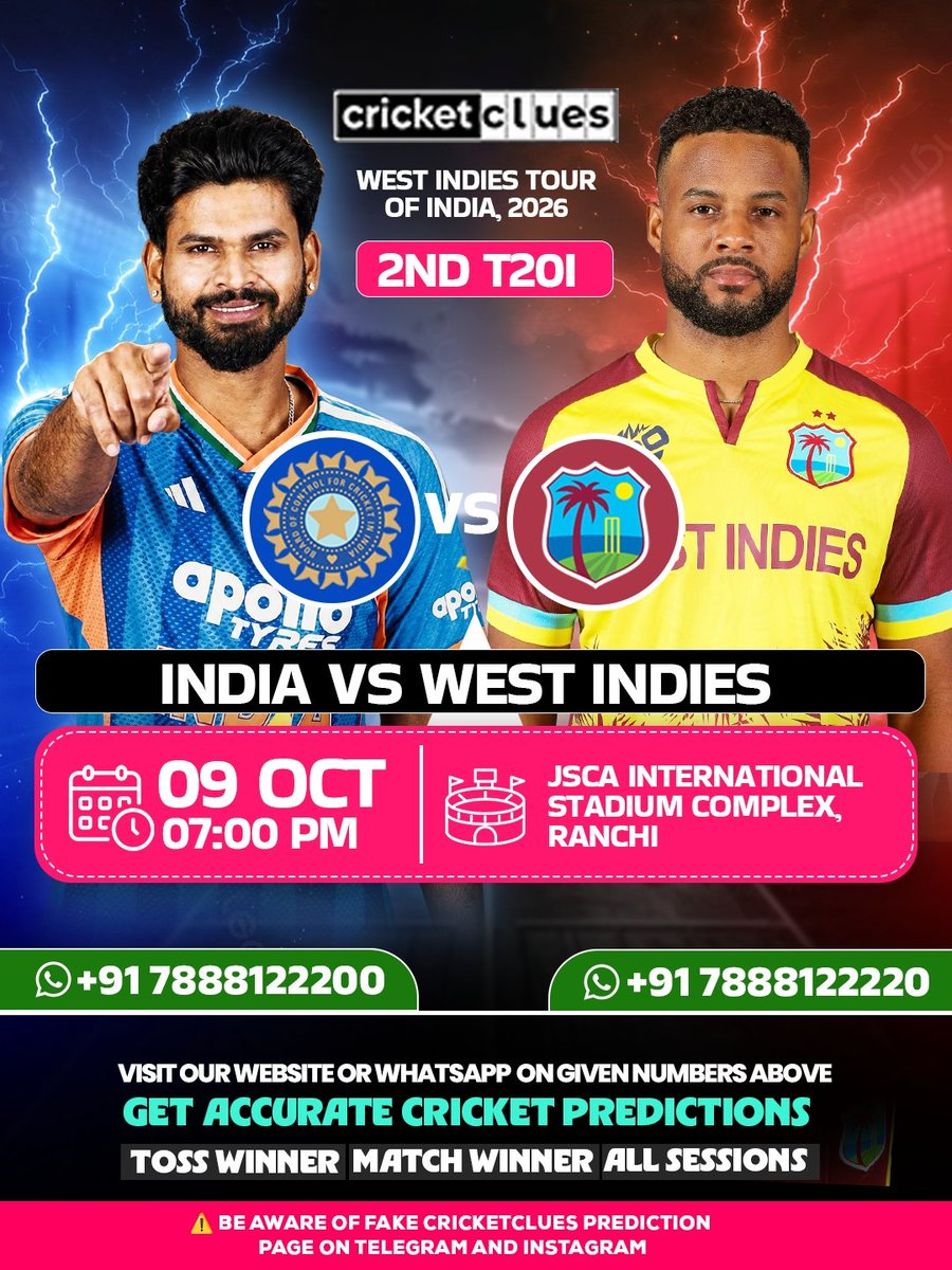 playclues's tweet photo. WEST INDIES TOUR OF INDIA 2026.
JOIN WITH US FOR SURE MATCH REPORT. CONTACT ON WHAT'SAPP OR WEBSITE FOR TOSS WINNER,MATCH WINNER, SESSION WINNER & PACKAGES .
FOR MORE DETAILS U CAN MSG ON WHATSAPP +91 7888122220,7888122200
#indvswi #odiseries #bigtournament #winner #available https://t.co/hxjdy26bWd