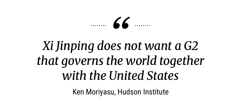 HudsonInstitute's tweet photo. Xi Jinping wants a "new model of major-country relations" in which the two powers respect each other's political systems, core interests, and spheres of concern while avoiding confrontation, @kenmoriyasu told @khushboo228 and Fan Chen.

Beijing's preferred order was more multipolar than a "G2"—closer to the UN Security Council, with five major powers standing above the rest, Moriyasu said. 

Read his takeaways from the Trump–Xi summit in @SCMPNews: https://t.co/EXpghW5qmj