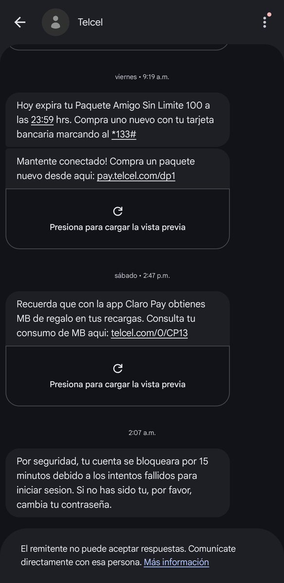 carter_legs's tweet photo. @Telcel @ServicioTelcel No me deja mandarle DM pero siguen llegando msj  de estafa
No tuve tema de registrar mi línea pero ahora veo que tienen algo de razón en la filtración de datos. Ni TDC tengo, ni he hecho retiros en ningún banco. Fui a Coppel por el "préstamo" que no solicité. Todo bn
@CondusefMX https://t.co/TuATNVPeZP