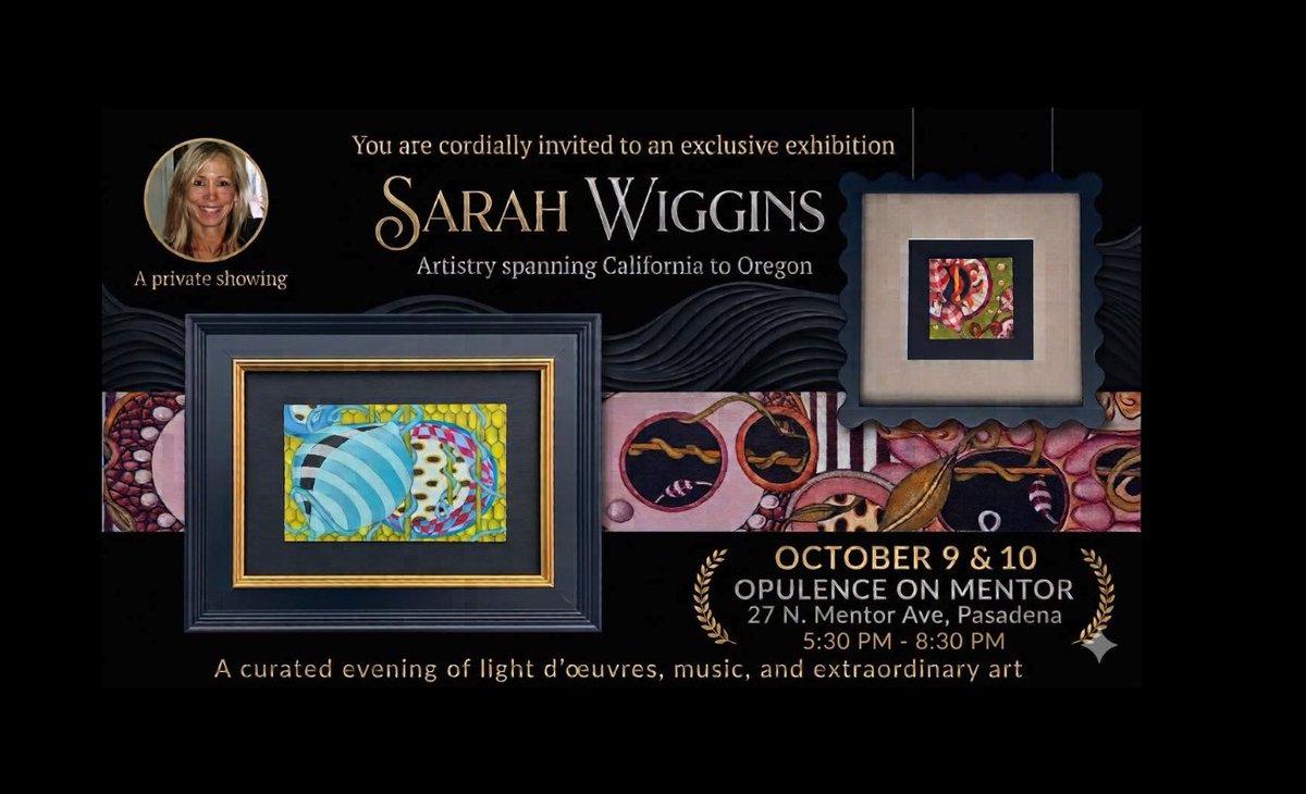 BurbankRdkings's tweet photo. an exclusive evening of fine art, light bites, and champagne. 
We invite you to a private preview of a stunning new collection by celebrated Pasadena artist, Sarah Wiggins. 
This special exhibition will be hosted at Opulence on Mentor Friday, October 9, and October 10 #artshow https://t.co/XkM4i5RGB3